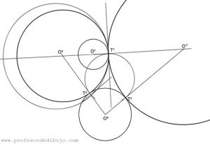 Tangentes a dos circunferencias conociendo punto de tangencia en una de ellas (Potencia).