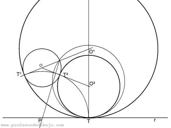 Circunferencias tangentes a una recta y a una circunferencia, conocido el punto de tangencia en la recta (Potencia).