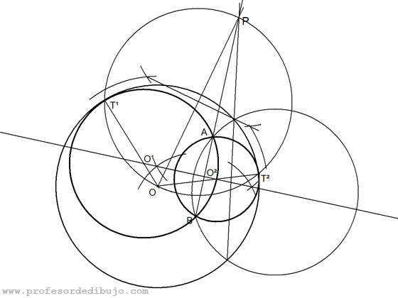 Circunferencias tangentes a una circunferencia pasando por dos puntos interiores (Potencia).