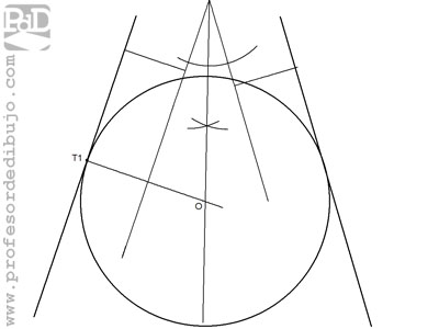 Circunferencia tangente a dos rectas concurrentes, conocido un punto de tangencia.
