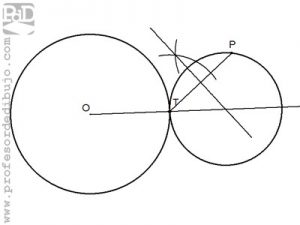 Circunferencia tangente a otra circunferencia, conocido el punto de tangencia y otro punto perteneciente a ella.