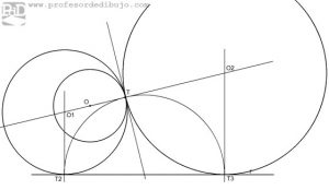 Circunferencias tangentes a una recta y a una circunferencia, conocido el punto de tangencia en la circunferencia (Potencia).