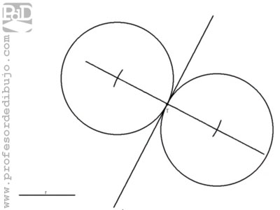 Circunferencias tangentes a una recta, conocido el punto de tangencia y el radio de la circunferencia.