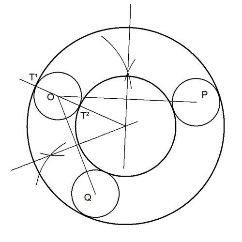Circunferencias concéntricas tangentes a 3 circunferencias dadas de igual radio.