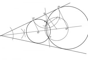 Circunferencias tangentes a dos rectas que se cortan pasando por un punto.