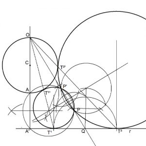 Tangentes a una recta y una circunferencia pasando por un punto. 4 soluciones (1 de 2).